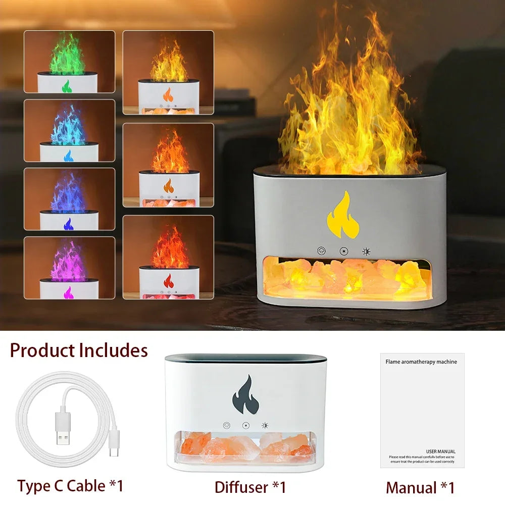 New Fireplace Humidifier Crystal Salt Rock Fire Lamp 7 Color Flame Aroma Volcano Air Humidifier Essential Oil Diffuser for Home