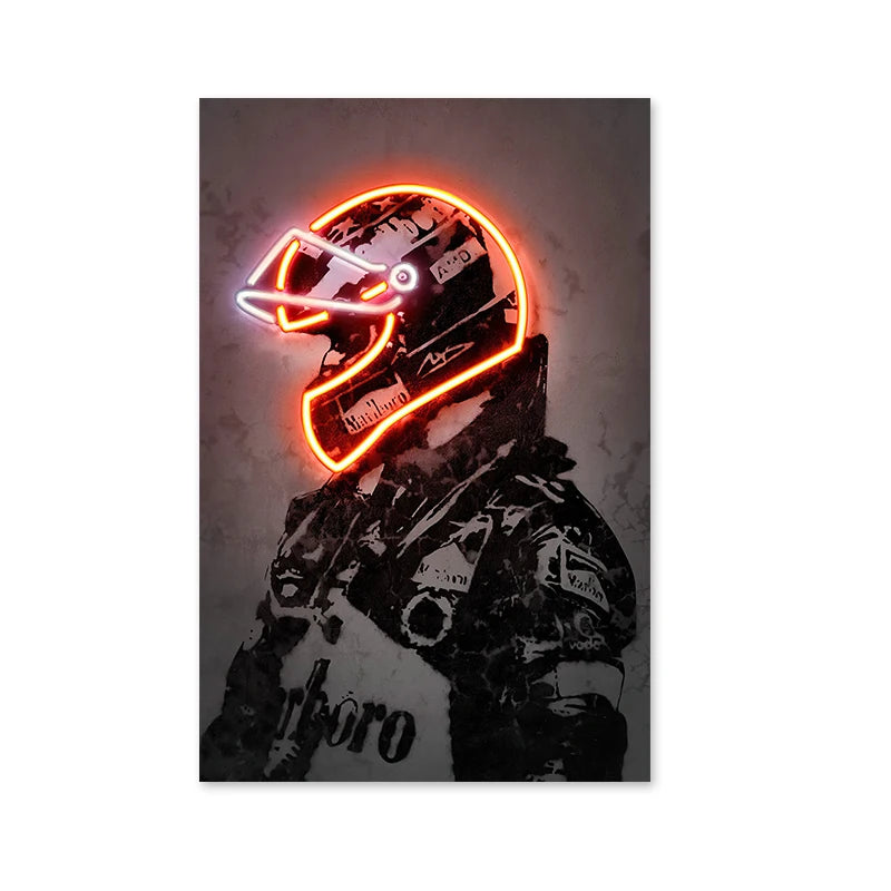 Retro Fashion Neon Light Effect Motorcycle Helmet Poster Print Canvas Painting Graffiti Art Wall Picture for Bar Room Home Decor