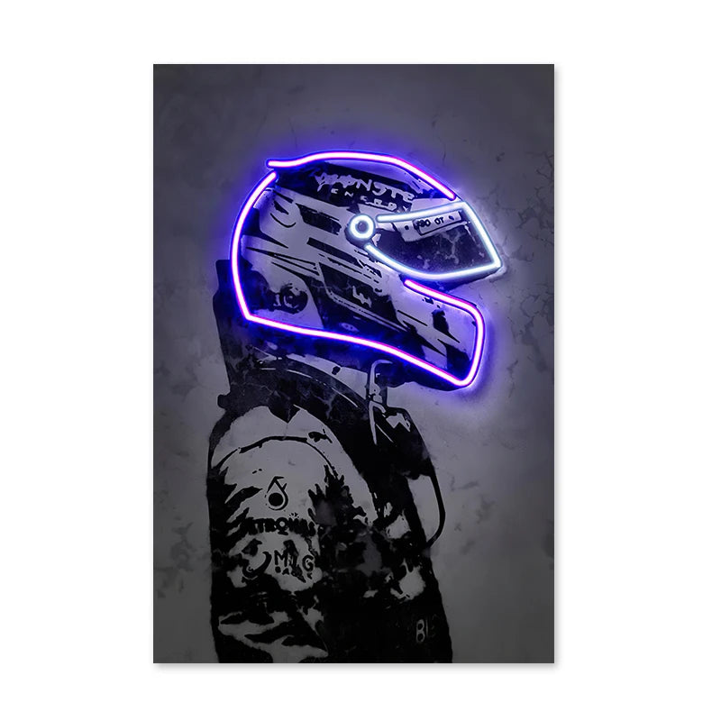 Retro Fashion Neon Light Effect Motorcycle Helmet Poster Print Canvas Painting Graffiti Art Wall Picture for Bar Room Home Decor