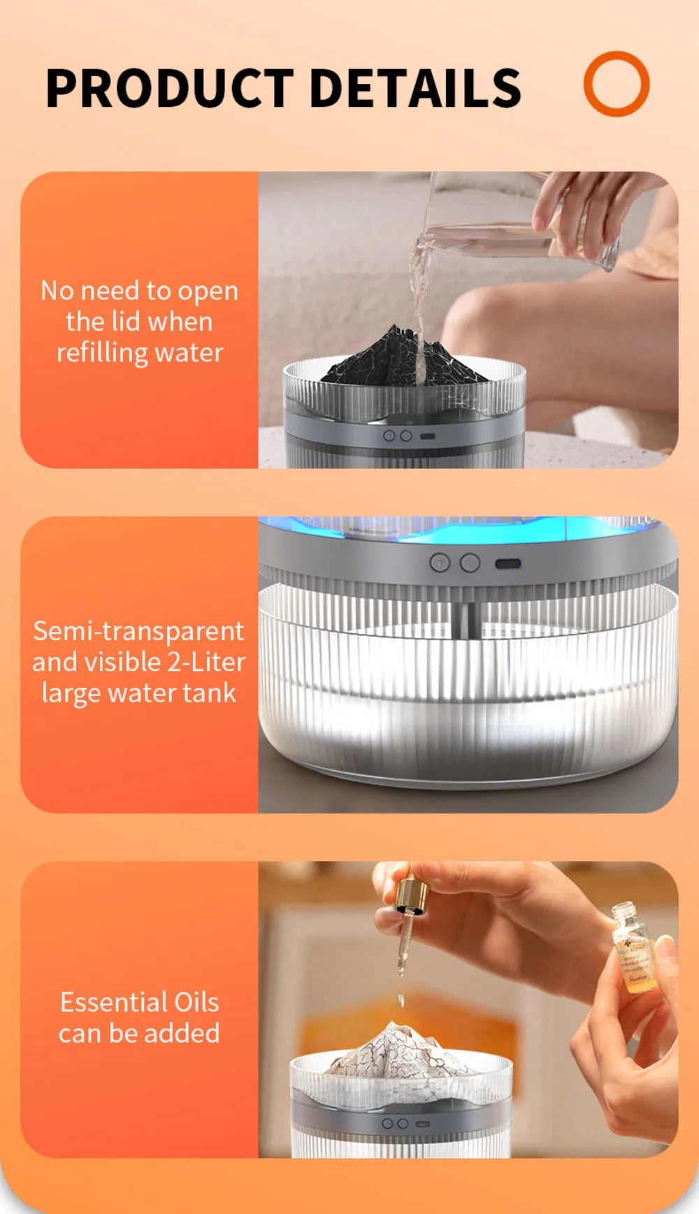 Volcano Air Humidifier Snow Mountain Essential Oils Diffuser Large Capacity Water Tank USB Aroma Diffuser Colorful Night Lights