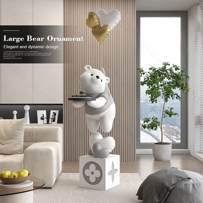 Large Floor Art Statue Home Decor Standing Ornaments Bear Sculpture with Tray Cartoon Bear Figurine for Living Room Stylish