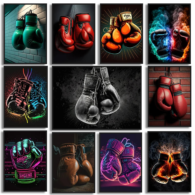 Black Cool Boxing Gloves Boxing Fitness Gloves Aesthetics Poster and Mural Art Canvas Painting Boxing Gym Boys' Room Decoration