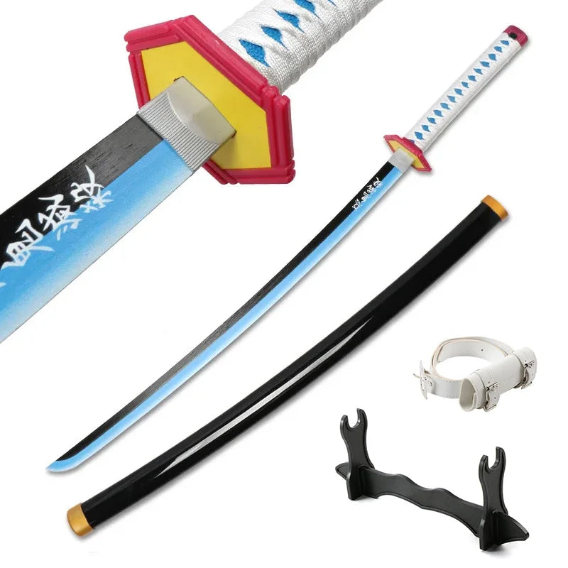 Demon Slayer Katana 104cm Giyuu Blue Role-playing Weapons Props with Sword Holder and Belt 1: 1 Replica  Japanese Samurai Sword