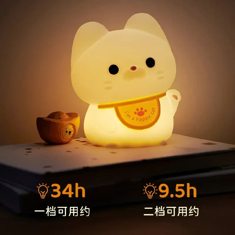 Lucky Cat Night Light USB Charging Timer LED Silicone Tapping Light Children's Bedside Light Warm and Healing lamps