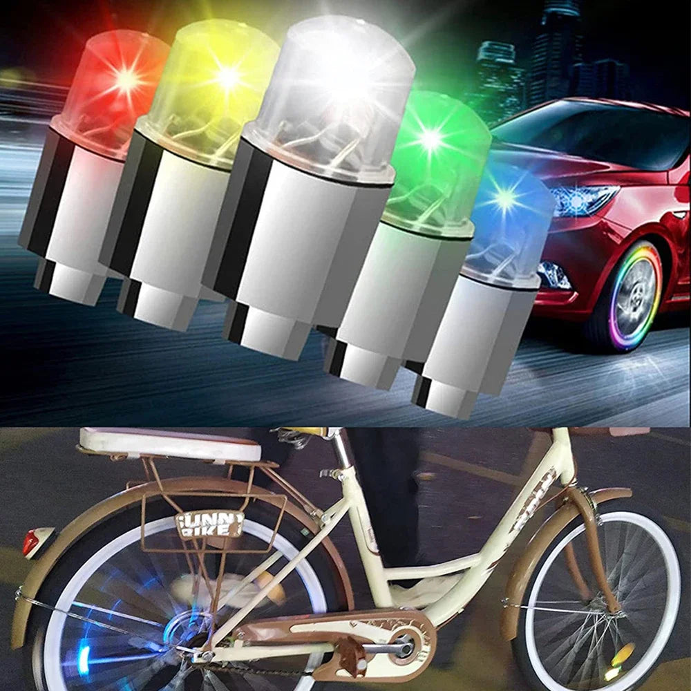 4Pcs LED Wheel Lights -Bike Tire Valve Stem Neon Light Bulb for Car Motorcycle Bicycle Tyre Dust Cap Waterproof Flash Stems Caps