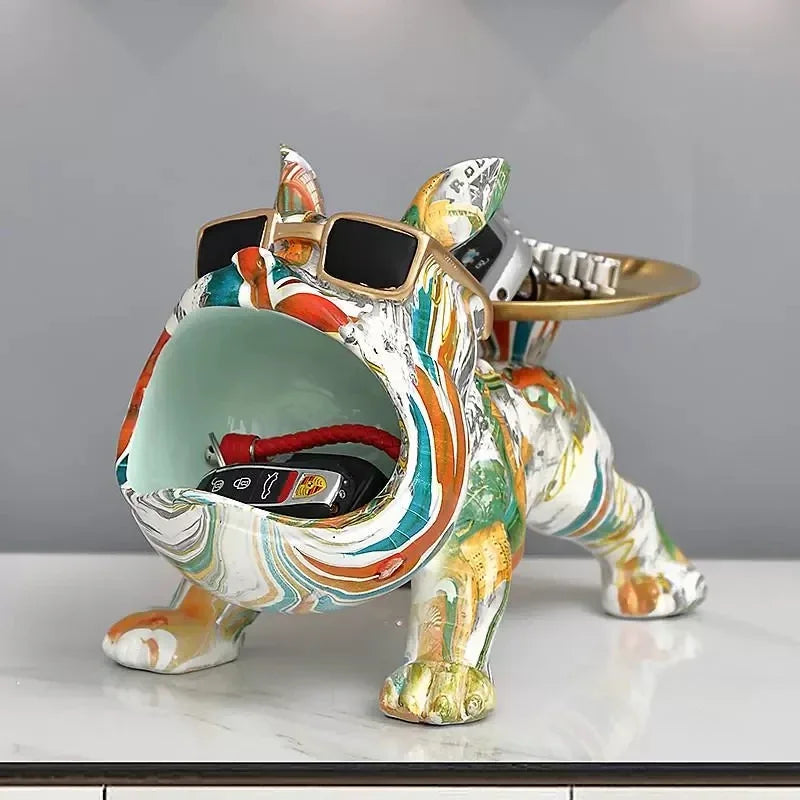 Resin French Bulldog Colorful Animal Figurine Cool Dog Statue with Tray Living Study Room Bedroom Home Office Decor Gift