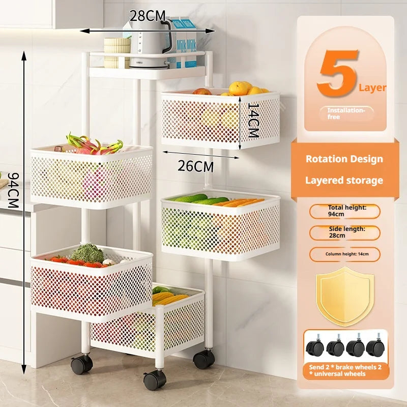 Square Rotating Storage Rack Kitchen Floor-To-Ceiling Multi-Layer Snacks Fruits And Vegetables Sundries Rolling Trolley Basket