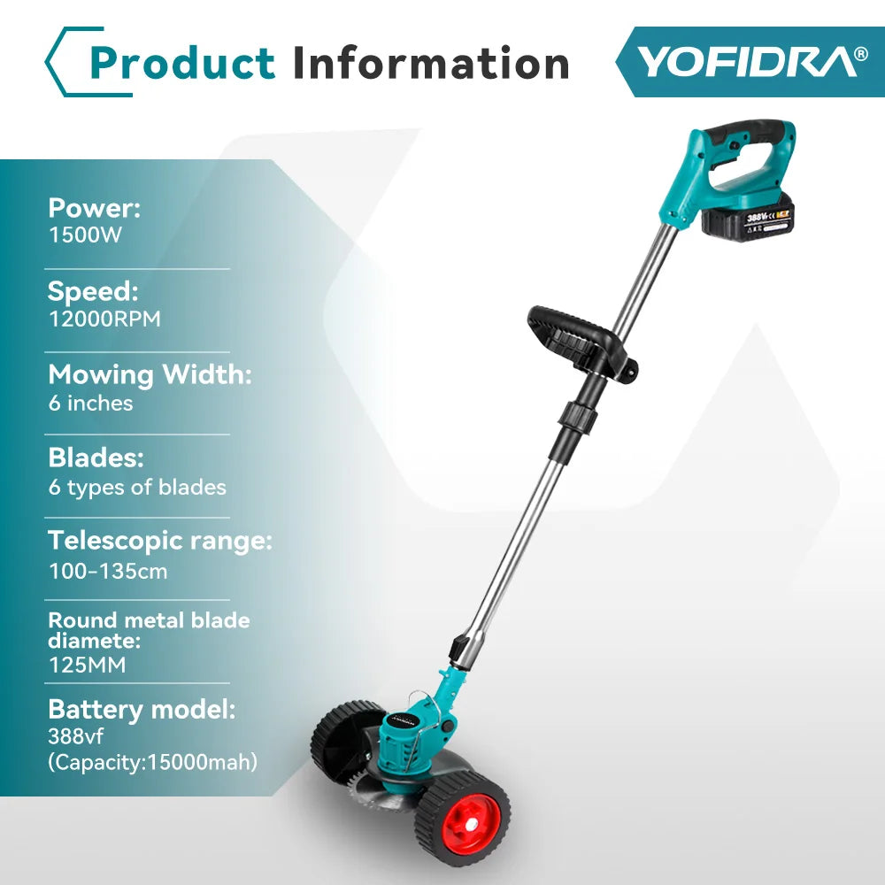 YOFIDRA Electric Lawn Mower Cordless Garden Grass Cutting Trimmer 100-135cm Length Cutter Power Tool For Makita 18V Battery Pin