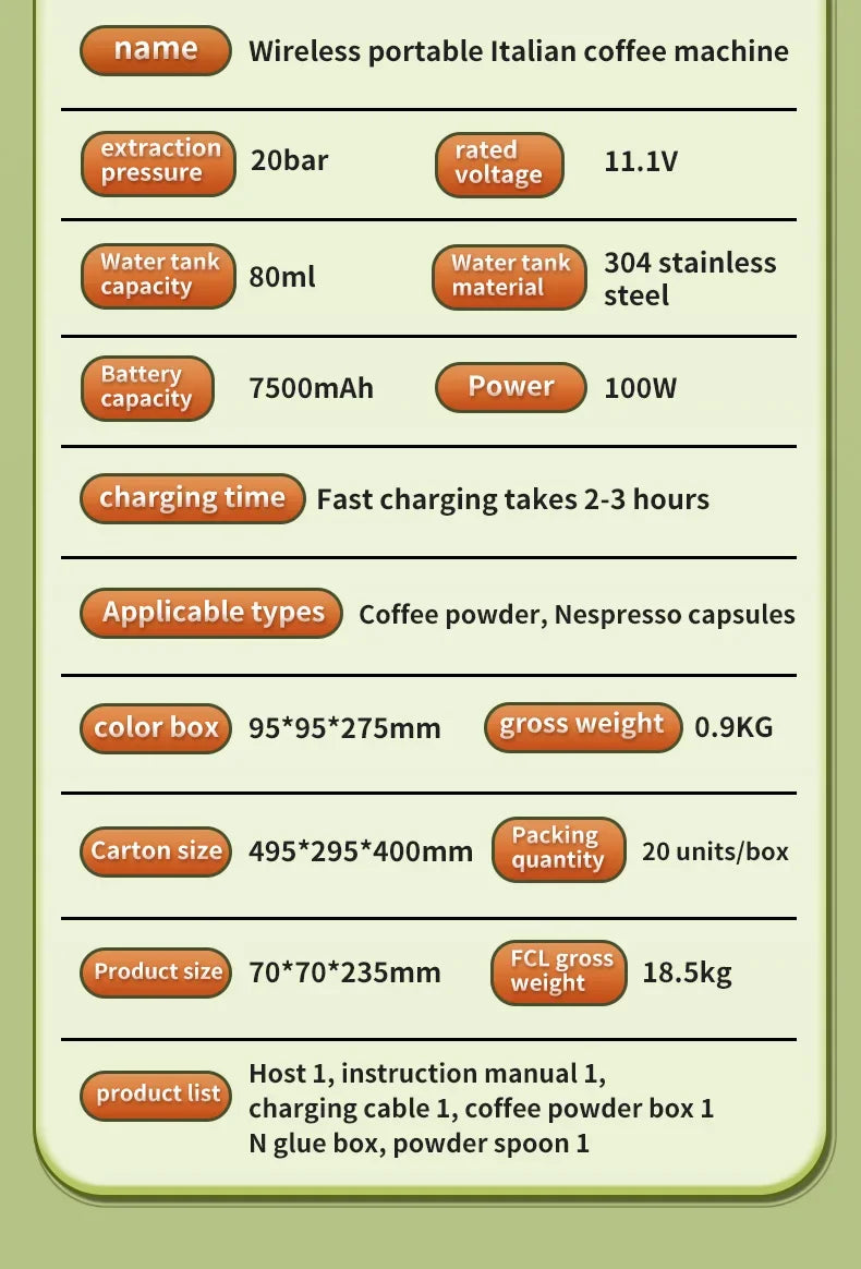 2-in-1 Wireless Electric Espresso Coffee Machine for Car & Home Camping Portable Coffee MakerCapsule Powder Travel Coffee Maker