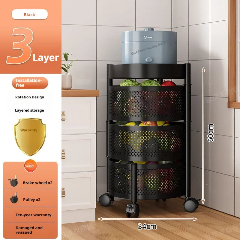 Square Rotating Storage Rack Kitchen Floor-To-Ceiling Multi-Layer Snacks Fruits And Vegetables Sundries Rolling Trolley Basket