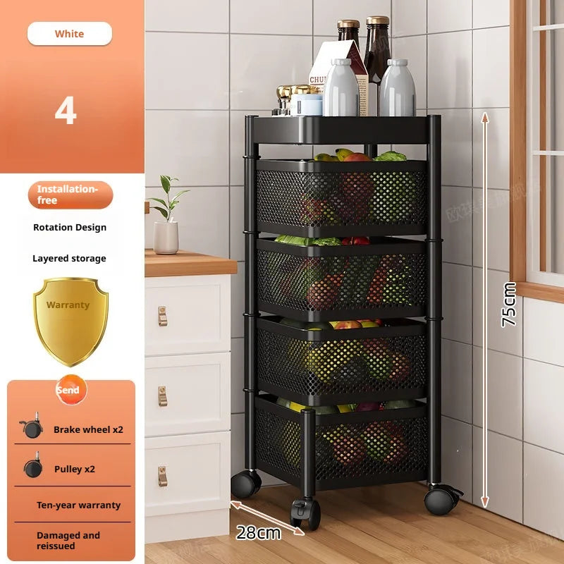 Square Rotating Storage Rack Kitchen Floor-To-Ceiling Multi-Layer Snacks Fruits And Vegetables Sundries Rolling Trolley Basket