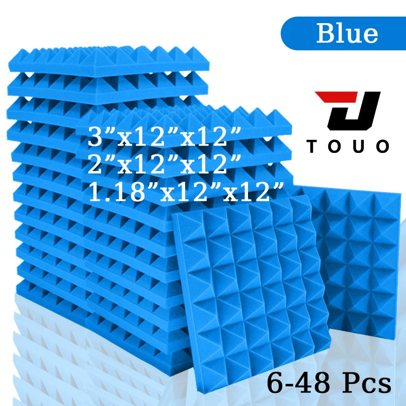TOUO Acoustic Foam 6-48 Pcs Pyramid Soundproofing Sponge Pad High Density Sound Absorbing Foams Drum Room Acoustic Treatment