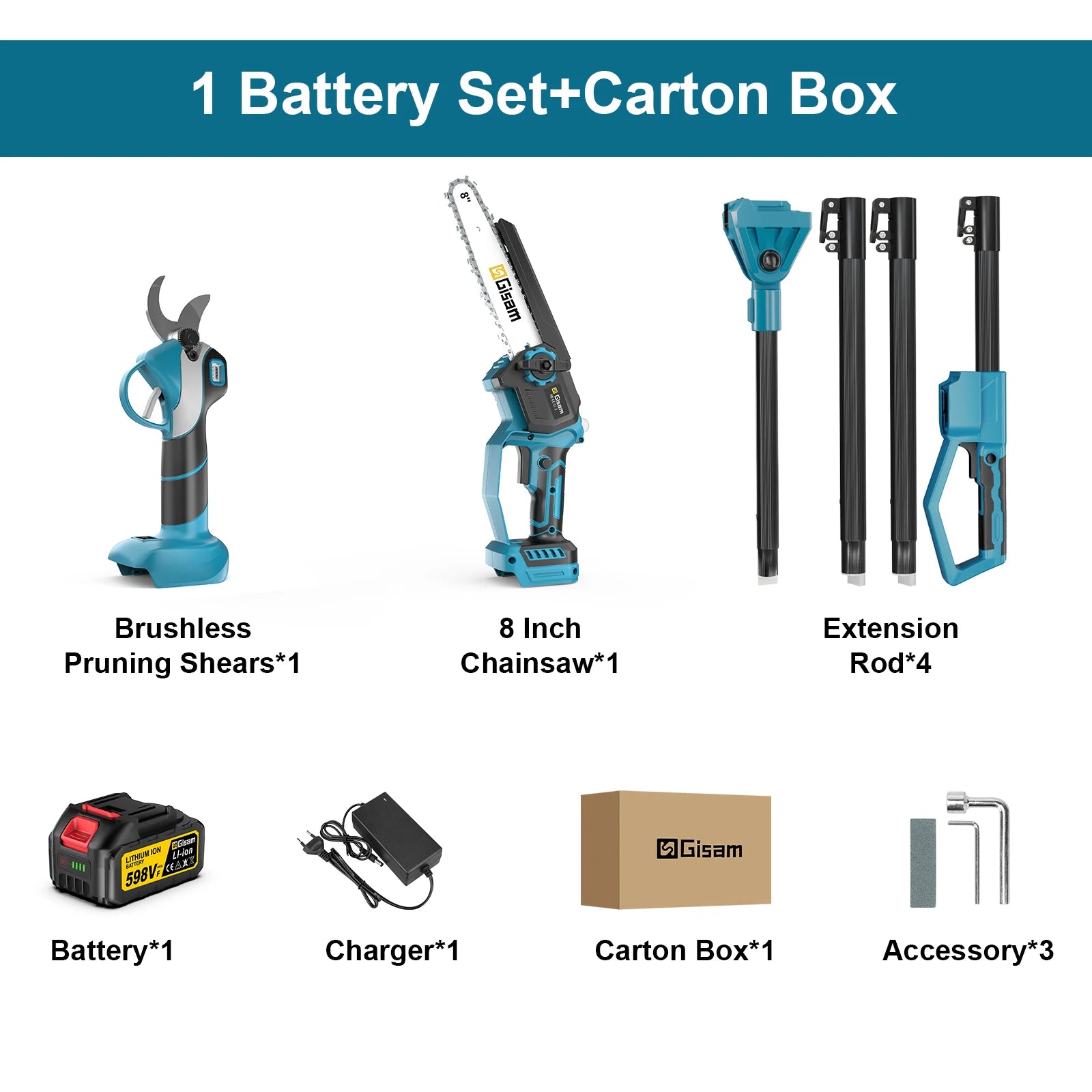 Gisam 4 in 1 Brushless High Branch Saw Chainsaw & Pruning Shears Garden Tool With Telescoping Pole For Makita 18v Battery Pin