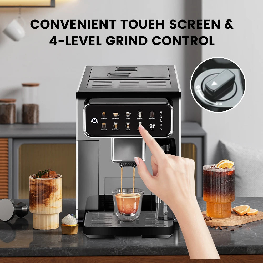 Mcilpoog CM7203 Automatic Espresso Machine ，Built-In Milk Frother & Tank, 7 Coffee Varieties, Touchscreen