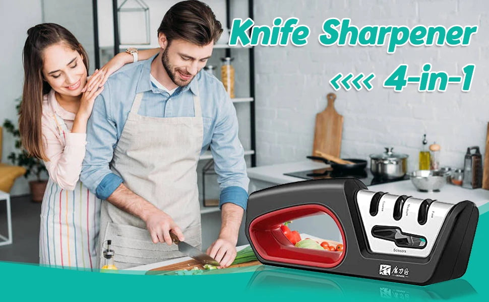 4-in-1 Kitchen Knife Sharpening Kit 3-Stage Sharpener Restores, Revives, and Polishes Blades + Repairs Scissors