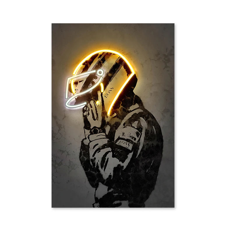 Retro Fashion Neon Light Effect Motorcycle Helmet Poster Print Canvas Painting Graffiti Art Wall Picture for Bar Room Home Decor