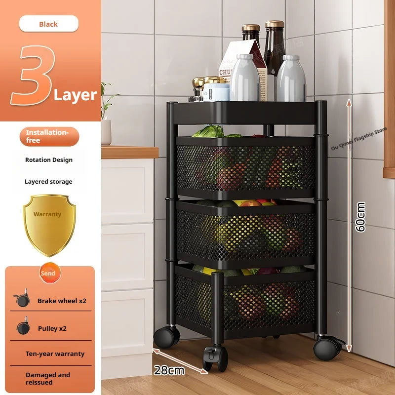 Square Rotating Storage Rack Kitchen Floor-To-Ceiling Multi-Layer Snacks Fruits And Vegetables Sundries Rolling Trolley Basket