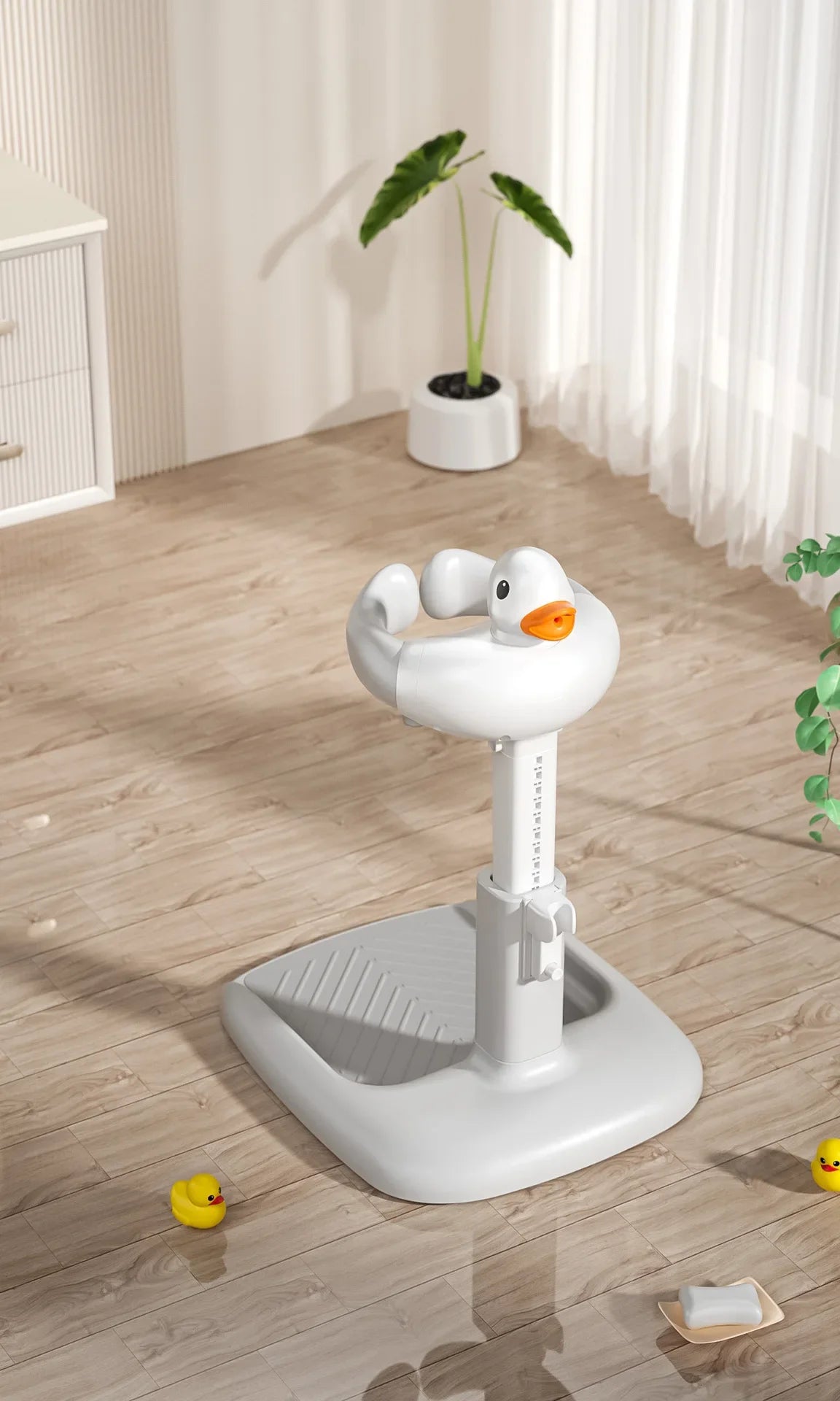 Portable Non-slip Duck Shaped Baby Bath Racks Shower Helper Handle Adjust Length Stand Themselves for Standing Toddler Shower
