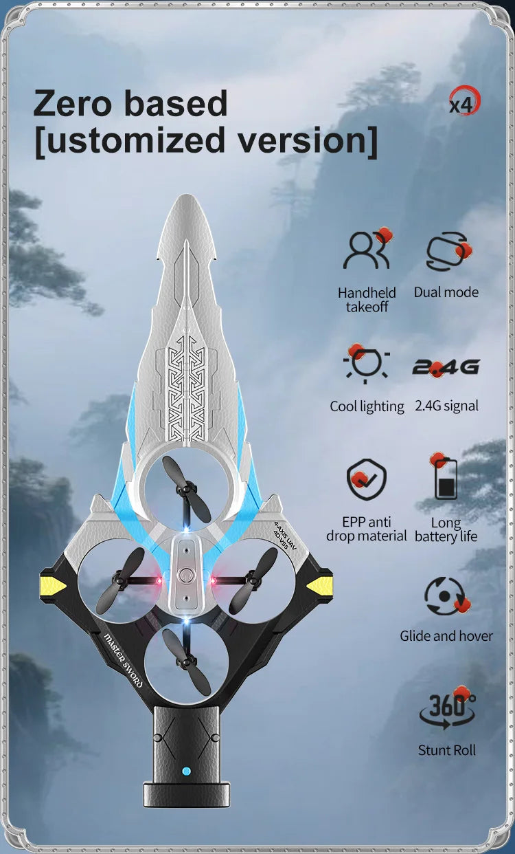 4DRC New V55 Remote Controlled Flying Sword Toy Drone Model 2.4G RC Quadcopter with Light Sword Stunt Glider Airplane Kids Toys