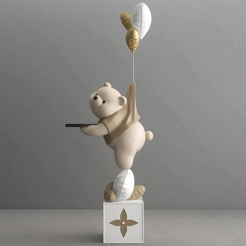 Large Floor Art Statue Home Decor Standing Ornaments Bear Sculpture with Tray Cartoon Bear Figurine for Living Room Stylish