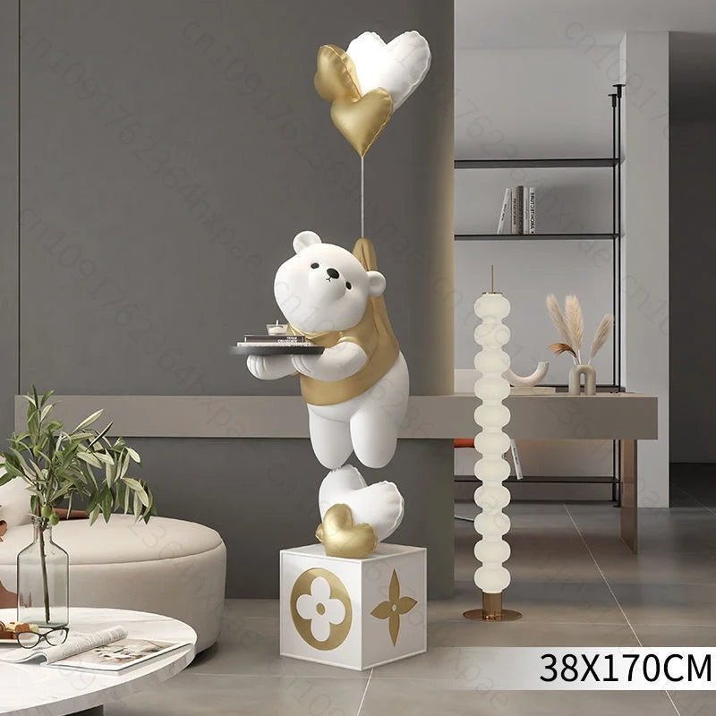 Large Floor Art Statue Home Decor Standing Ornaments Bear Sculpture with Tray Cartoon Bear Figurine for Living Room Stylish