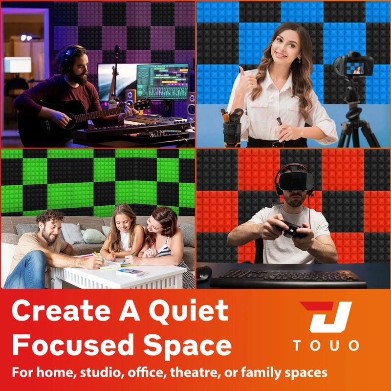 TOUO Acoustic Foam 6-48 Pcs Pyramid Soundproofing Sponge Pad High Density Sound Absorbing Foams Drum Room Acoustic Treatment