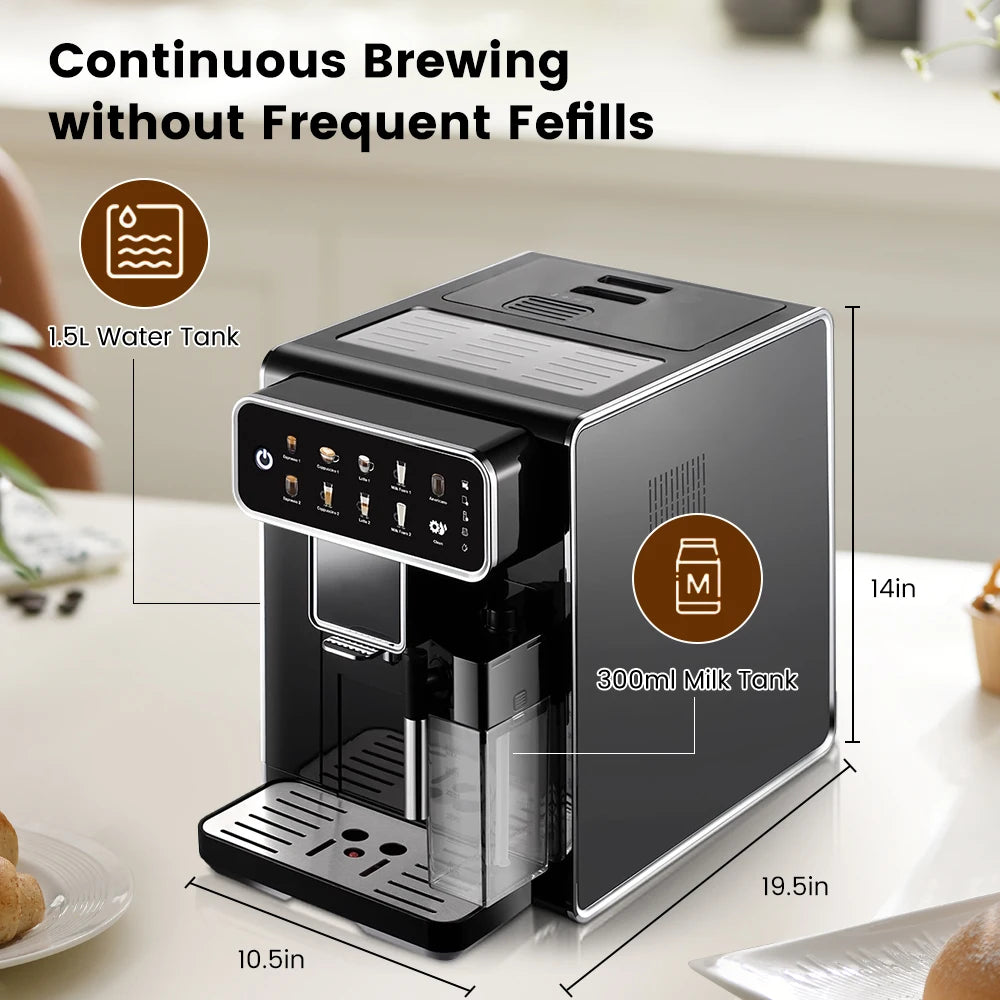 Mcilpoog CM7203 Automatic Espresso Machine ，Built-In Milk Frother & Tank, 7 Coffee Varieties, Touchscreen
