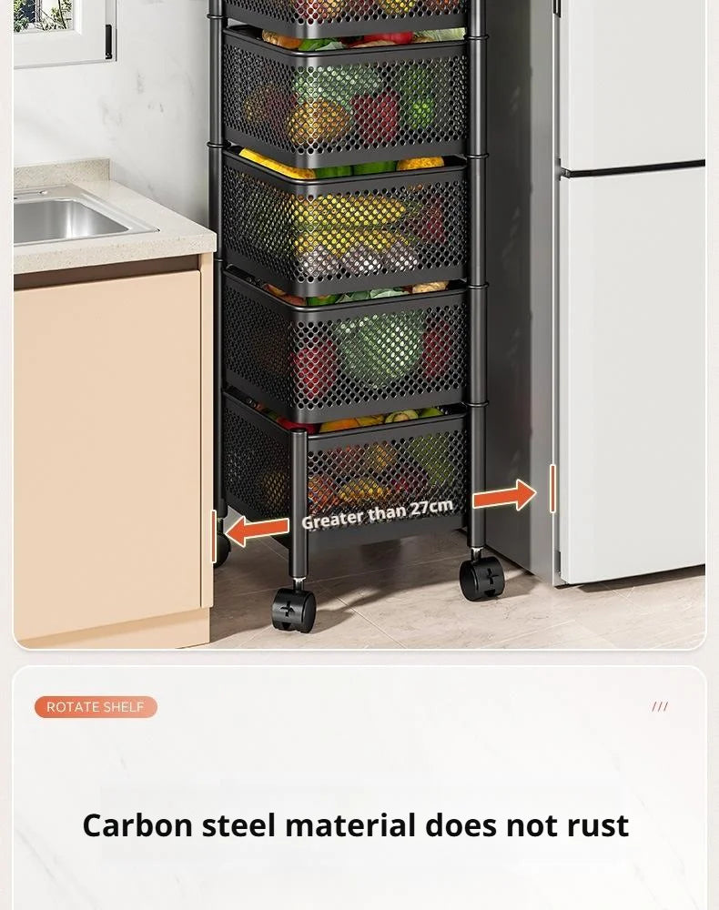 Square Rotating Storage Rack Kitchen Floor-To-Ceiling Multi-Layer Snacks Fruits And Vegetables Sundries Rolling Trolley Basket