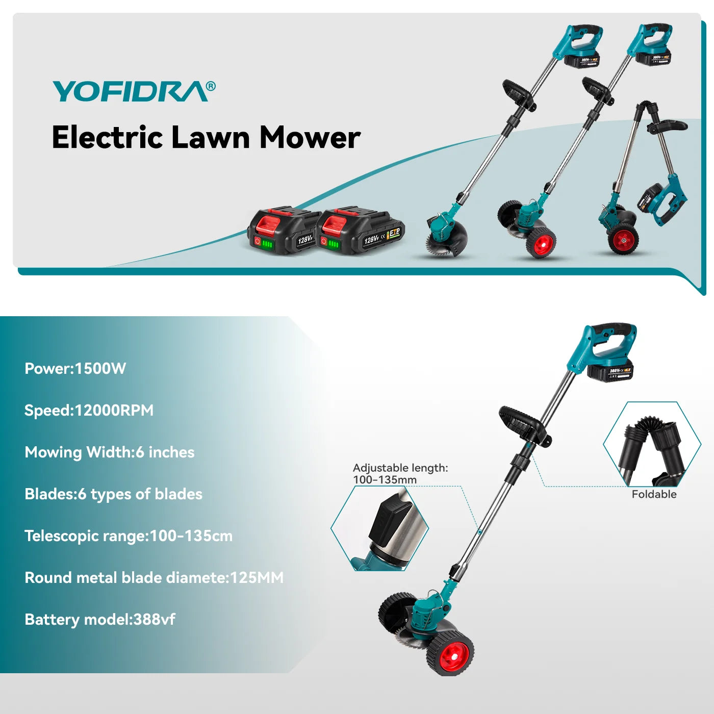 YOFIDRA Electric Lawn Mower Cordless Garden Grass Cutting Trimmer 100-135cm Length Cutter Power Tool For Makita 18V Battery Pin