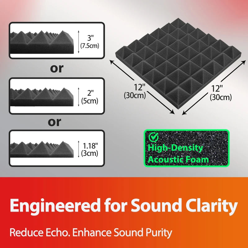 TOUO Acoustic Foam 6-48 Pcs Pyramid Soundproofing Sponge Pad High Density Sound Absorbing Foams Drum Room Acoustic Treatment