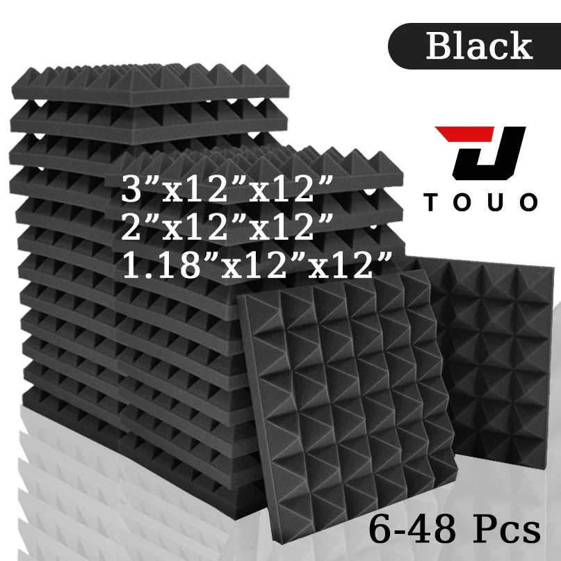 TOUO Acoustic Foam 6-48 Pcs Pyramid Soundproofing Sponge Pad High Density Sound Absorbing Foams Drum Room Acoustic Treatment