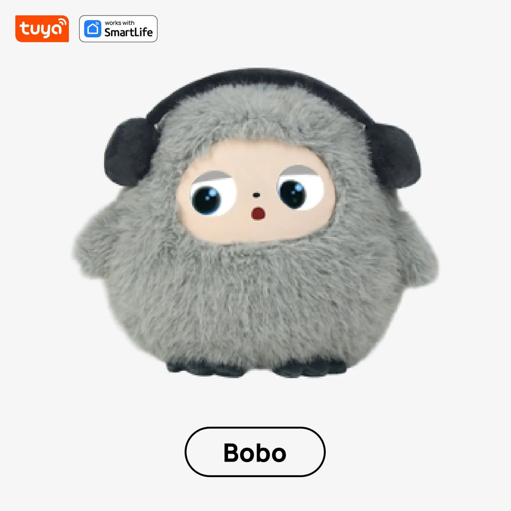 Cute Gray BOBO:AI Plush Robot Smart Interactive Toy w/LED Eyes&Voice Control,USB Rechargeable Companion for Kids Gifts/SmartHome