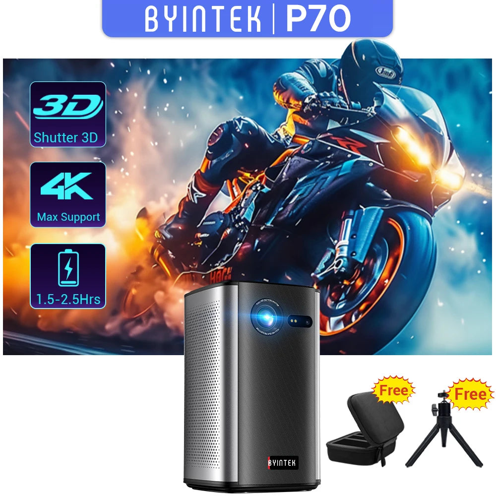 BYINTEK P70 Projector 4K 1080P DLP Mini Portable Projector Home Theater Smart Wi-Fi & Bluetooth for Movies & Gaming With Battery