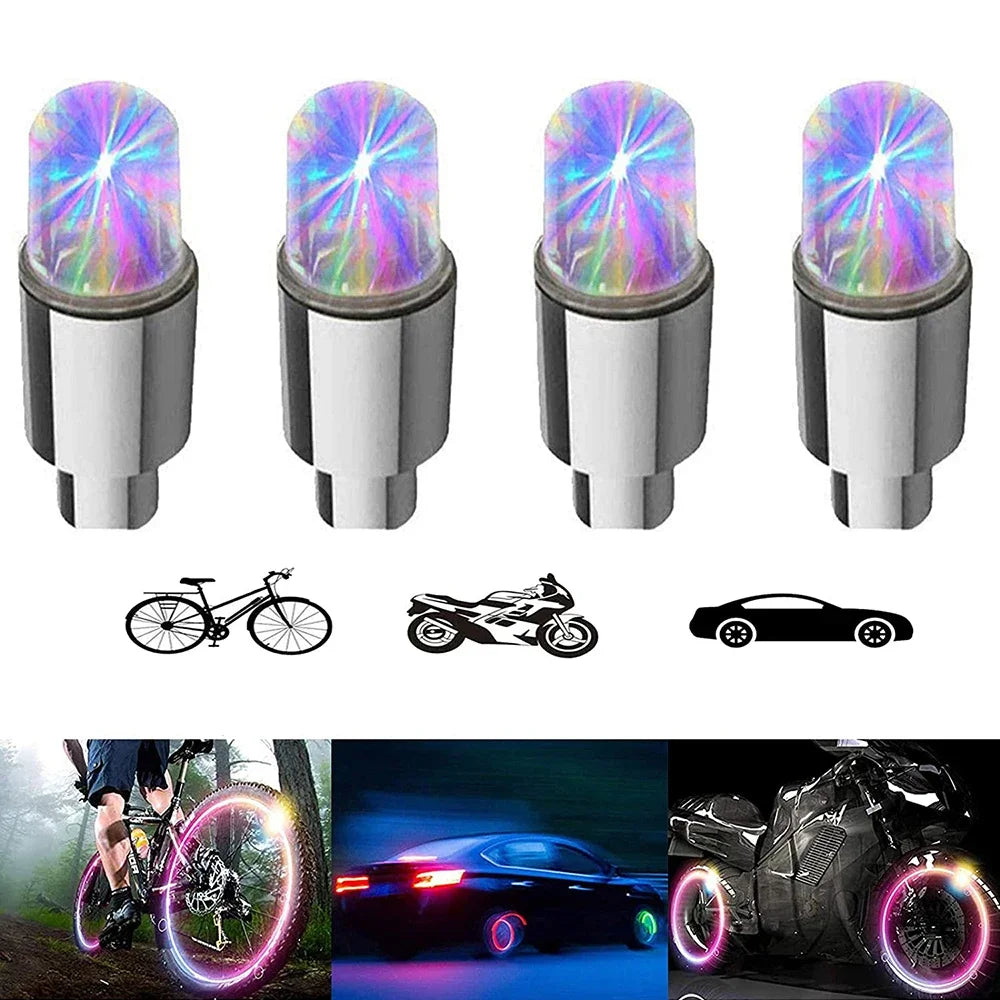 4Pcs LED Wheel Lights -Bike Tire Valve Stem Neon Light Bulb for Car Motorcycle Bicycle Tyre Dust Cap Waterproof Flash Stems Caps