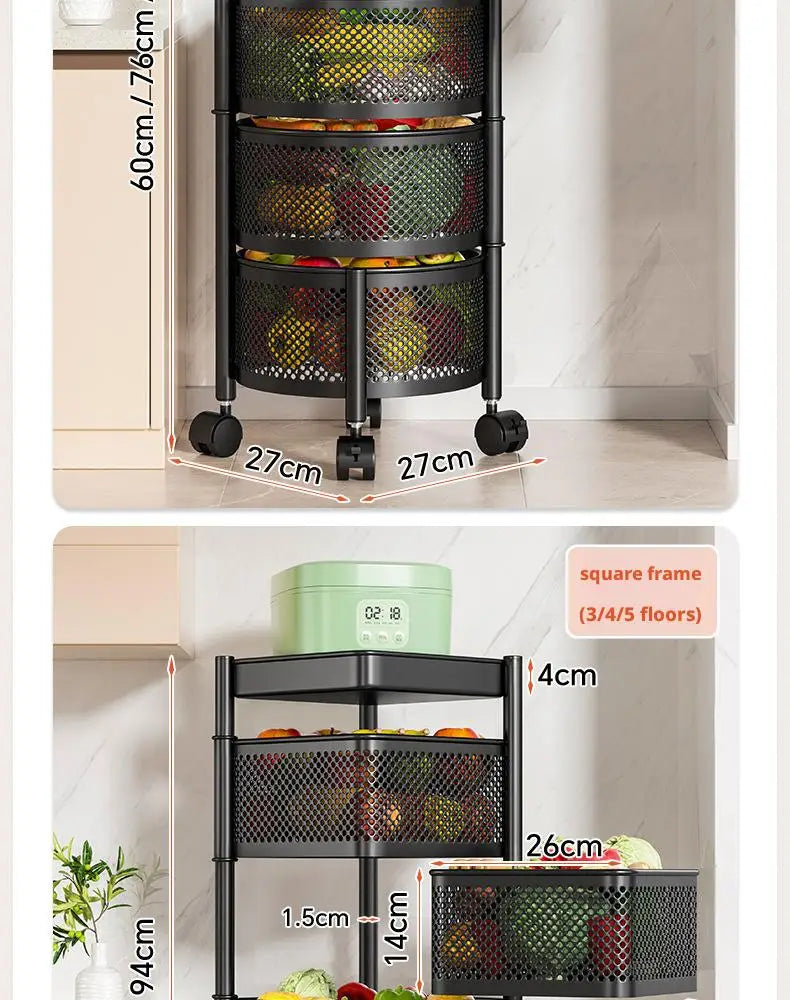 Square Rotating Storage Rack Kitchen Floor-To-Ceiling Multi-Layer Snacks Fruits And Vegetables Sundries Rolling Trolley Basket