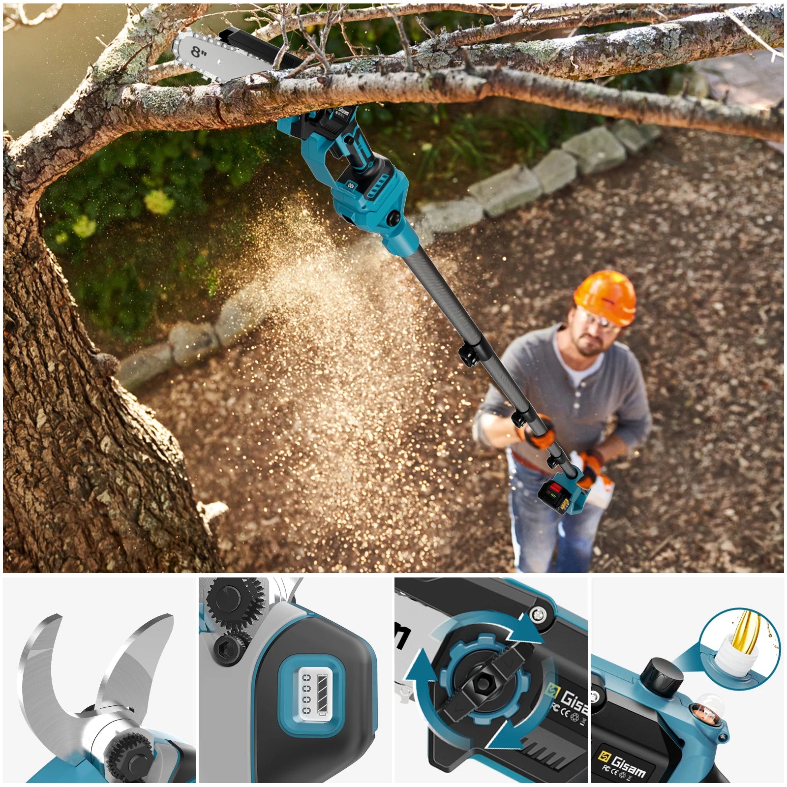 Gisam 4 in 1 Brushless High Branch Saw Chainsaw & Pruning Shears Garden Tool With Telescoping Pole For Makita 18v Battery Pin