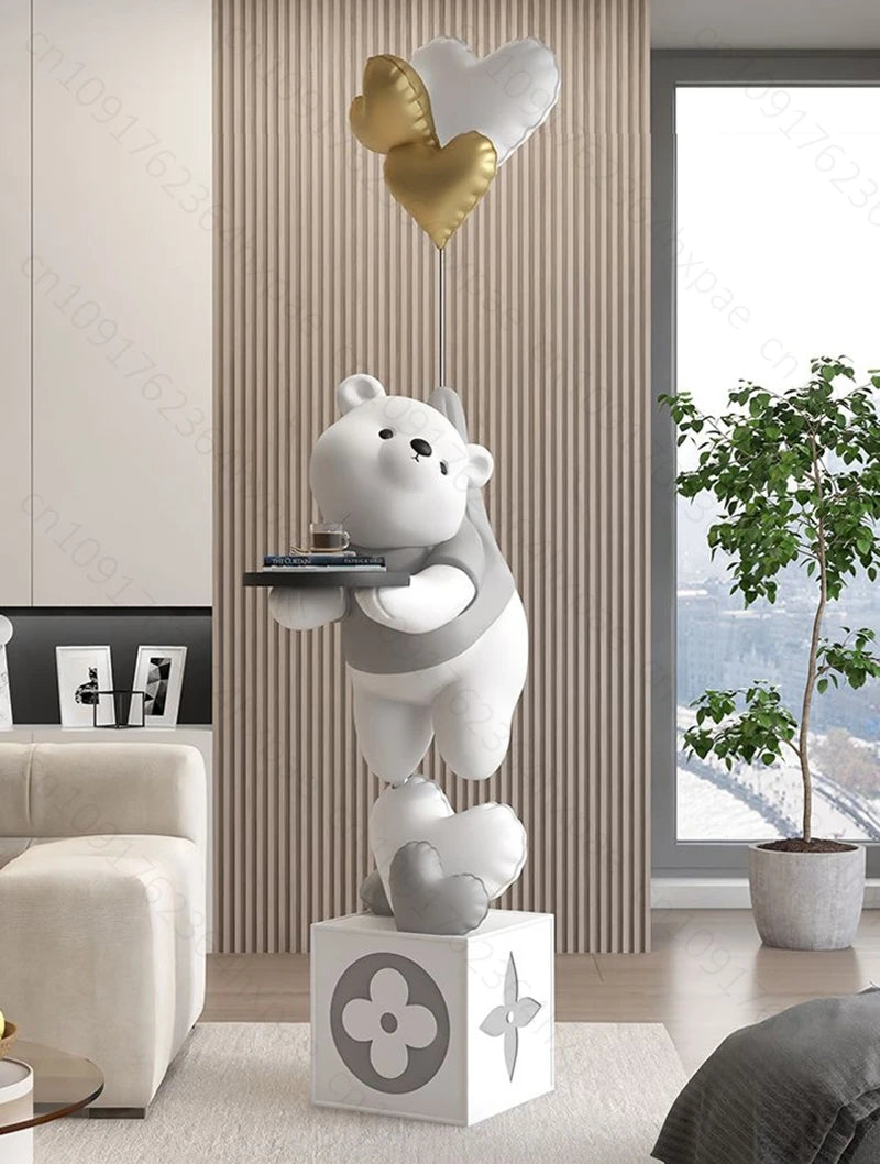 Large Floor Art Statue Home Decor Standing Ornaments Bear Sculpture with Tray Cartoon Bear Figurine for Living Room Stylish