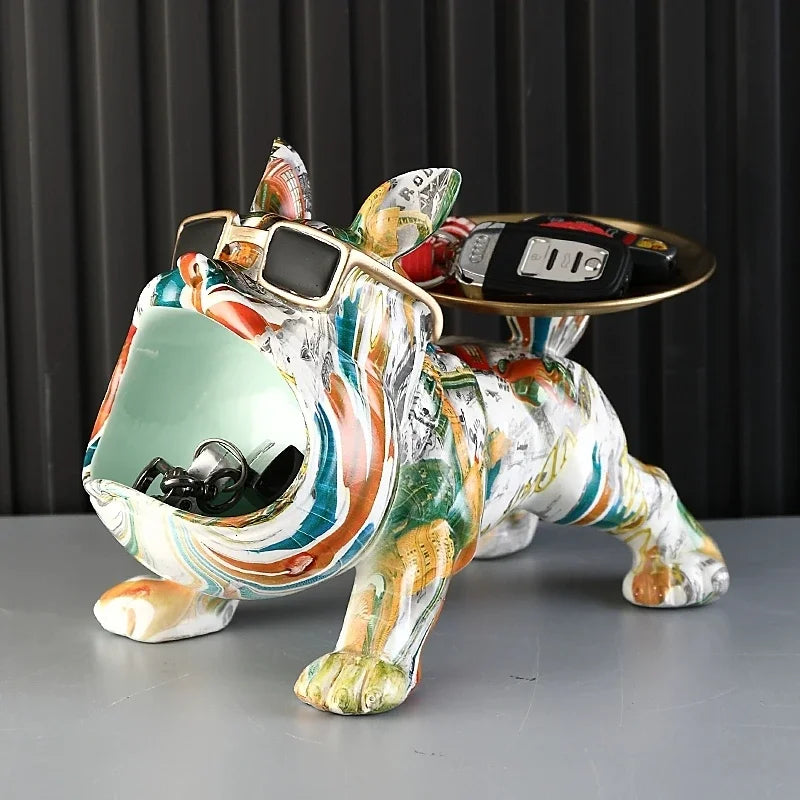 Resin French Bulldog Colorful Animal Figurine Cool Dog Statue with Tray Living Study Room Bedroom Home Office Decor Gift