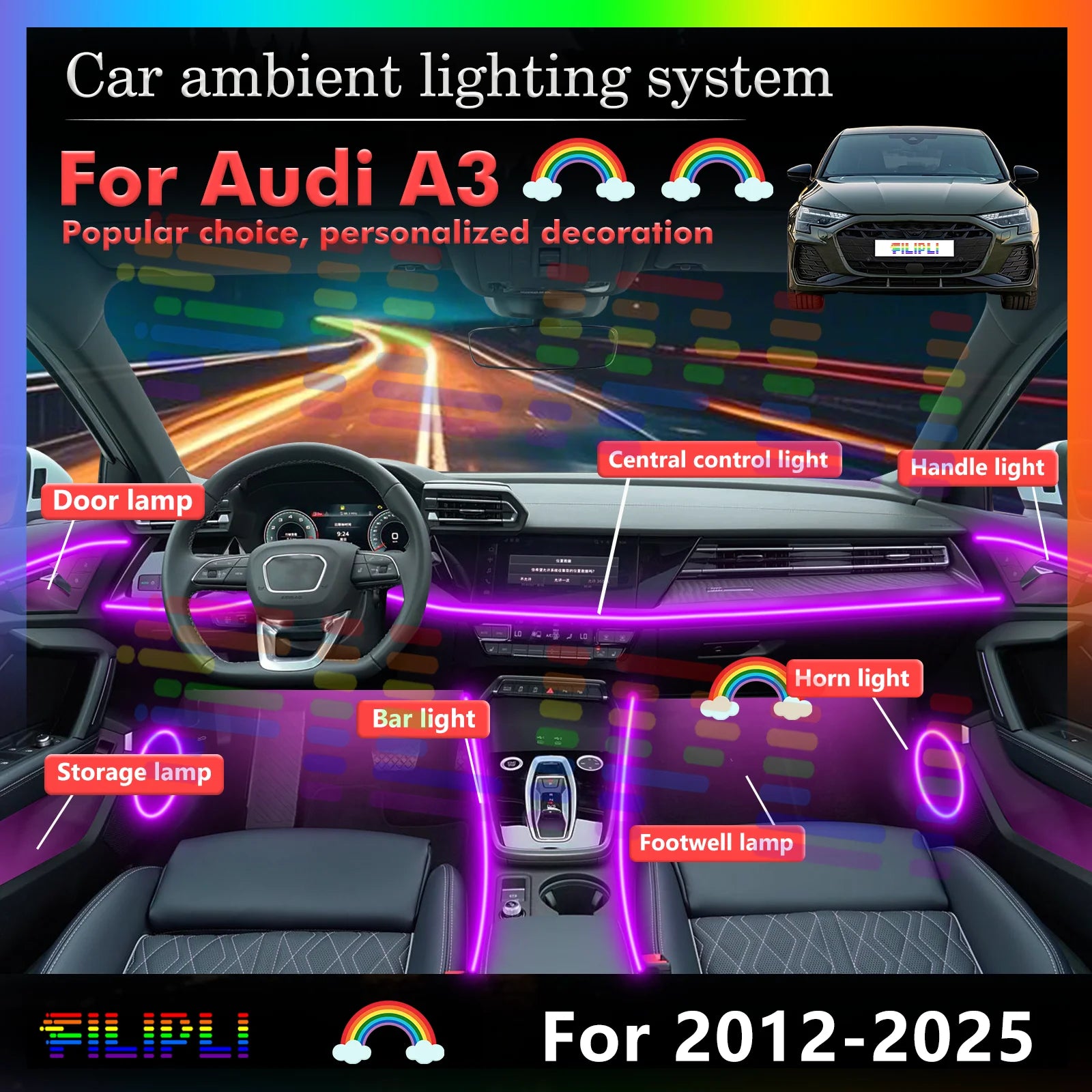 For Audi A3 Vehicle Interior LED Mood Lamp, Multi-color Adjustable Decorative Light