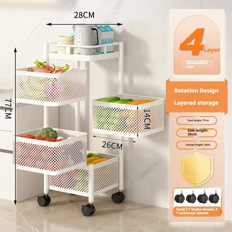 Square Rotating Storage Rack Kitchen Floor-To-Ceiling Multi-Layer Snacks Fruits And Vegetables Sundries Rolling Trolley Basket