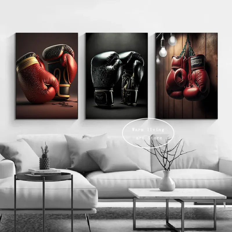 Black Cool Boxing Gloves Boxing Fitness Gloves Aesthetics Poster and Mural Art Canvas Painting Boxing Gym Boys' Room Decoration