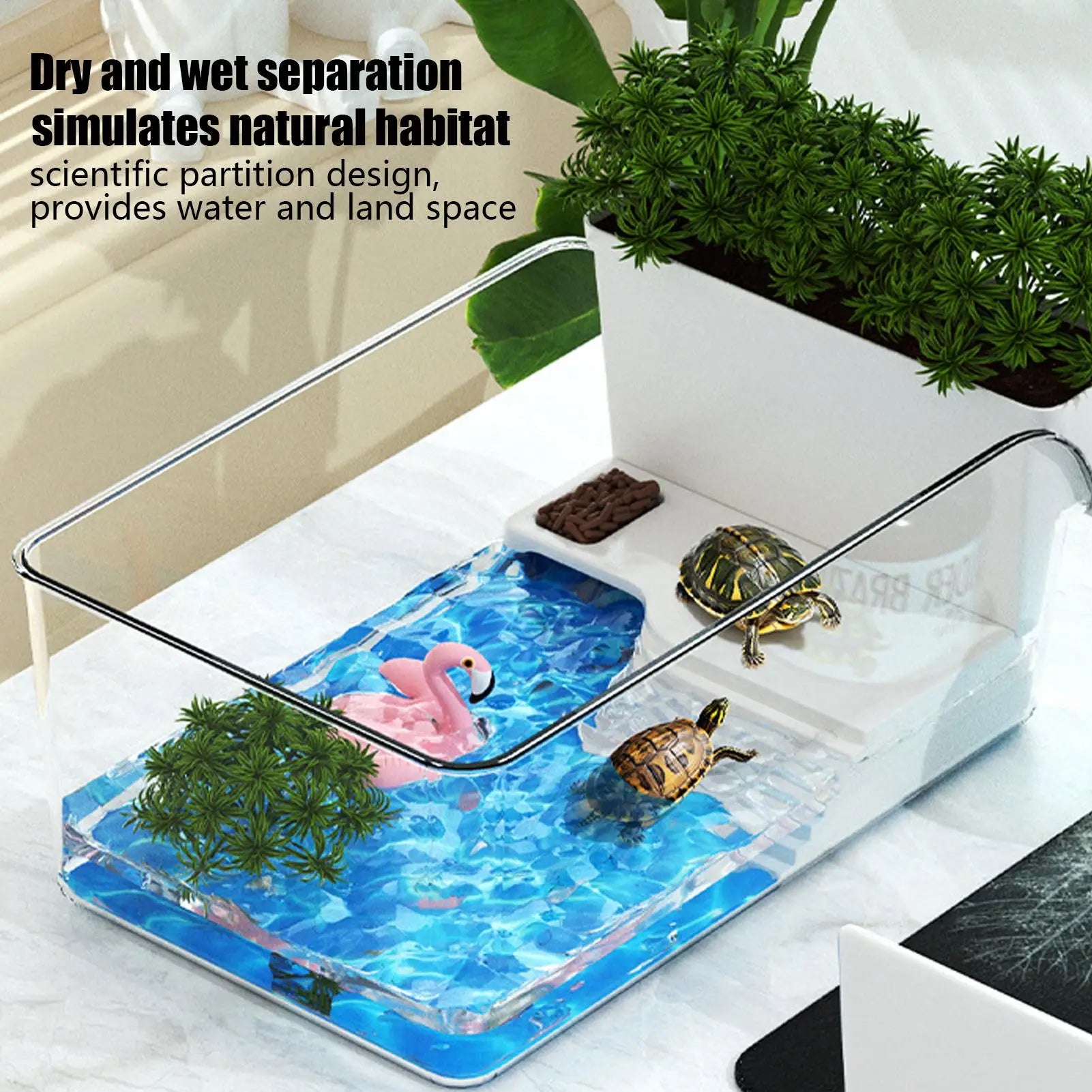 Turtle Tank with Basking Area Transparent Reptile Terrarium Habitat for Pet Turtles Hermit Crabs Tortoise Aquatic Amphibians