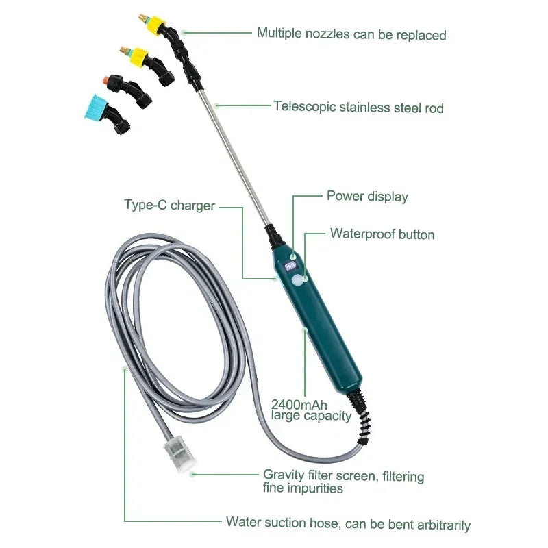 2400mAh Electric Garden Sprayer, High Pressure Portable Gardening Tool with 3 Mist Nozzles for Plant Watering Irrigation