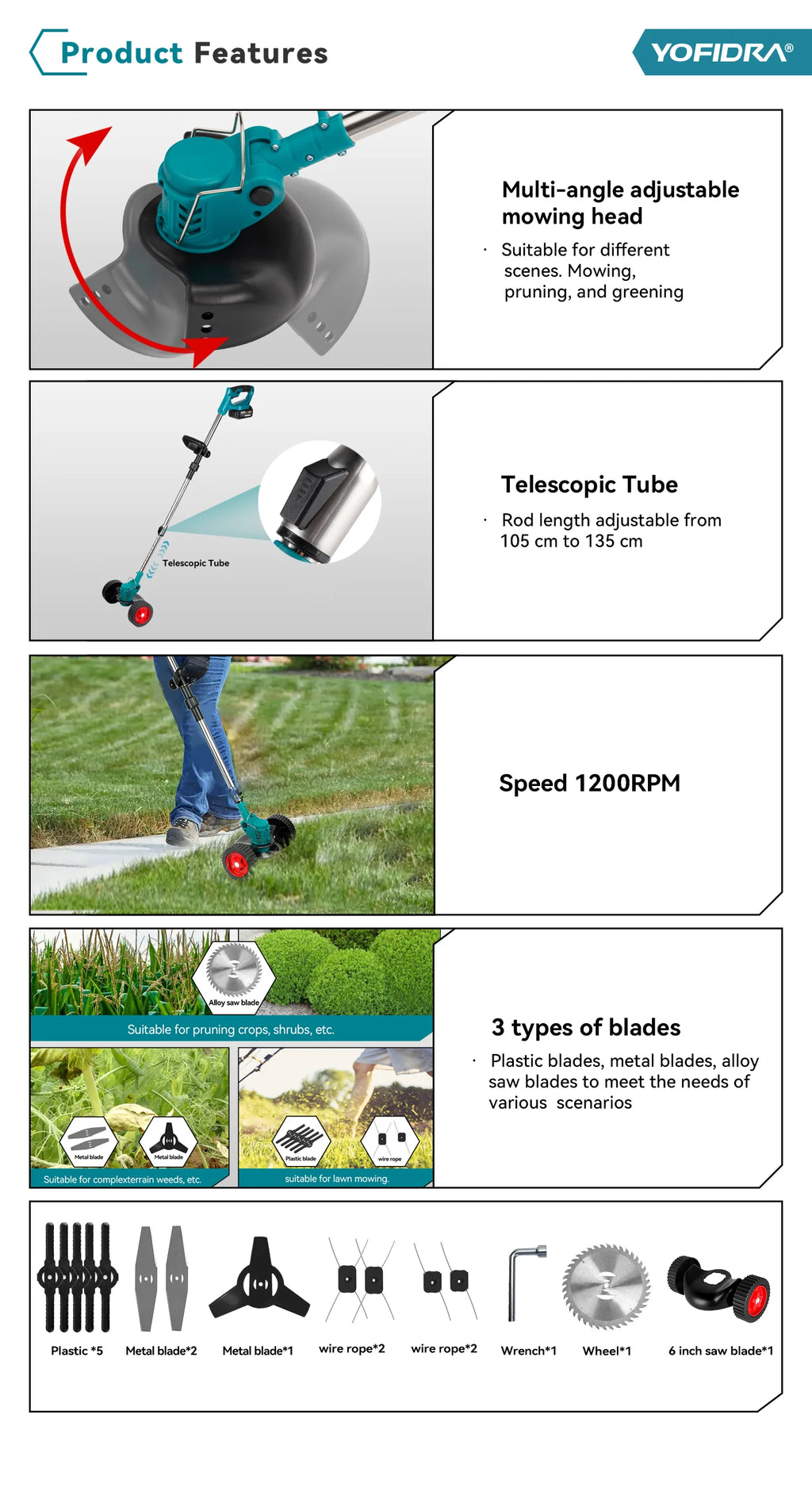 YOFIDRA Electric Lawn Mower Cordless Garden Grass Cutting Trimmer 100-135cm Length Cutter Power Tool For Makita 18V Battery Pin