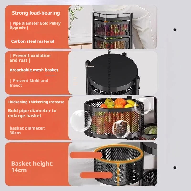 Square Rotating Storage Rack Kitchen Floor-To-Ceiling Multi-Layer Snacks Fruits And Vegetables Sundries Rolling Trolley Basket
