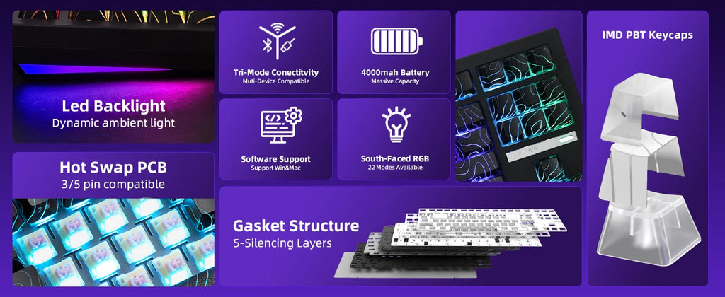 ZORNHER ZH870 Wireless Mechanical Keyboard 80% Black Custom Creamy Sound Keyboard Gaming  Lighted Up Black Topographic Keycap