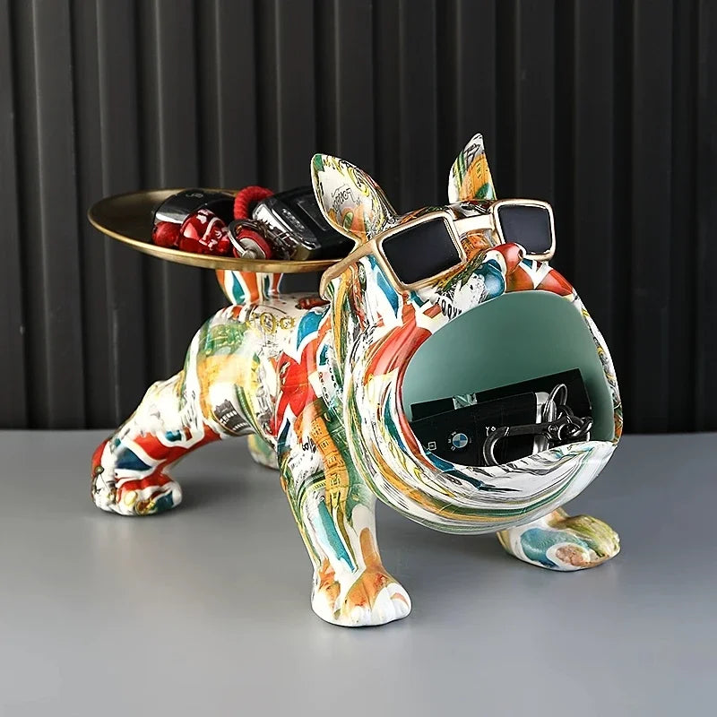 Resin French Bulldog Colorful Animal Figurine Cool Dog Statue with Tray Living Study Room Bedroom Home Office Decor Gift