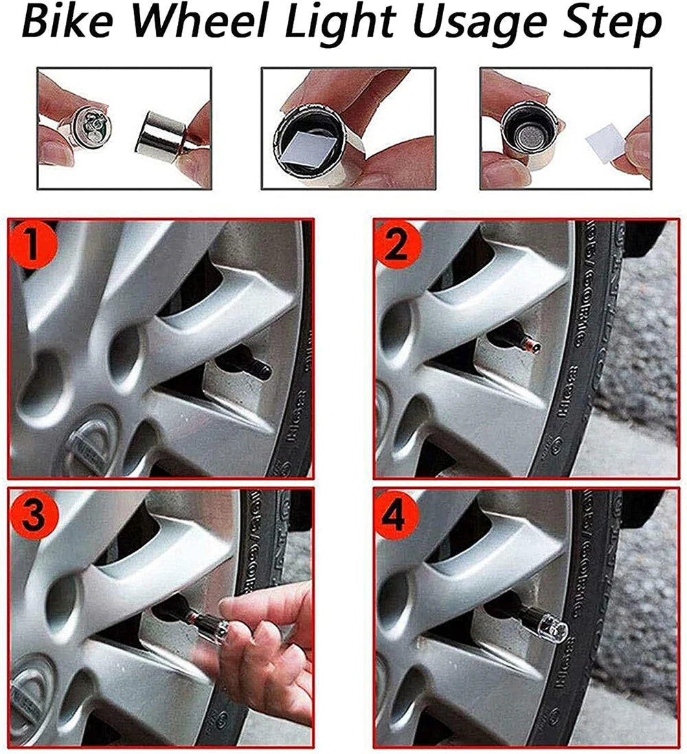 4Pcs LED Wheel Lights -Bike Tire Valve Stem Neon Light Bulb for Car Motorcycle Bicycle Tyre Dust Cap Waterproof Flash Stems Caps