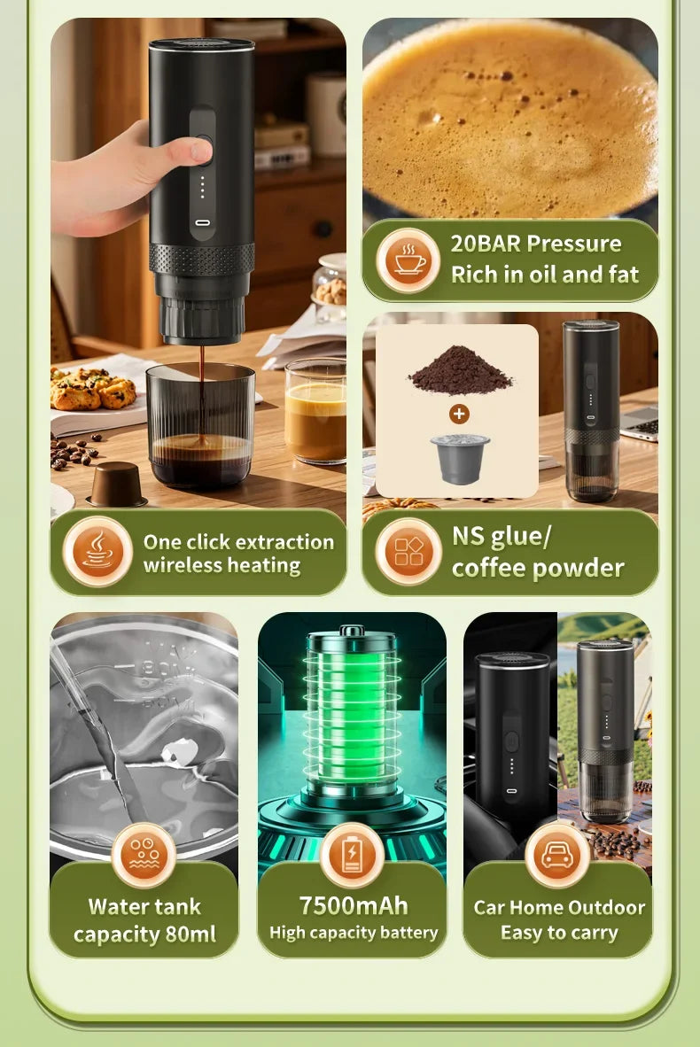2-in-1 Wireless Electric Espresso Coffee Machine for Car & Home Camping Portable Coffee MakerCapsule Powder Travel Coffee Maker