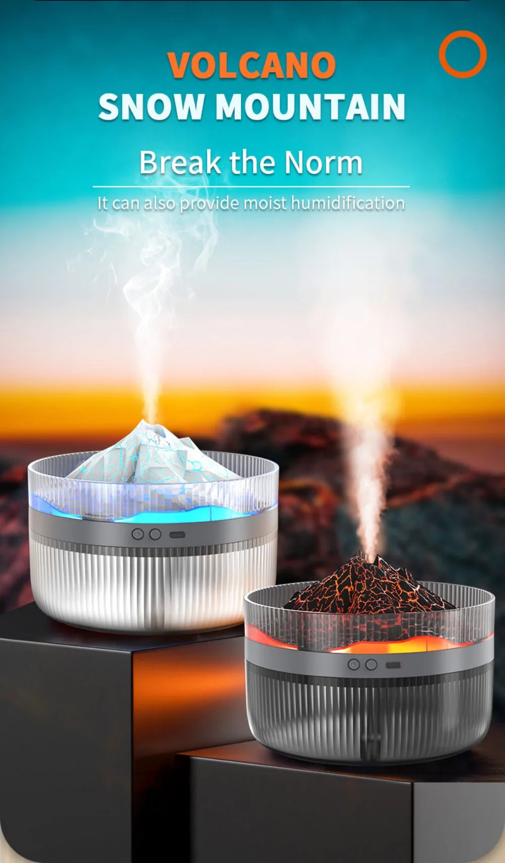 Volcano Air Humidifier Snow Mountain Essential Oils Diffuser Large Capacity Water Tank USB Aroma Diffuser Colorful Night Lights